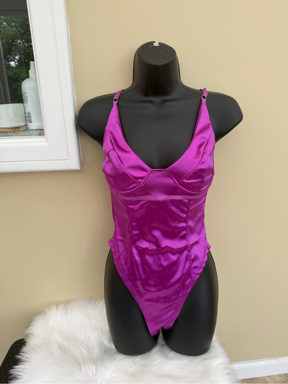Satin V-Neck Bodysuit in Magenta - Women Intimates & Sleepwear